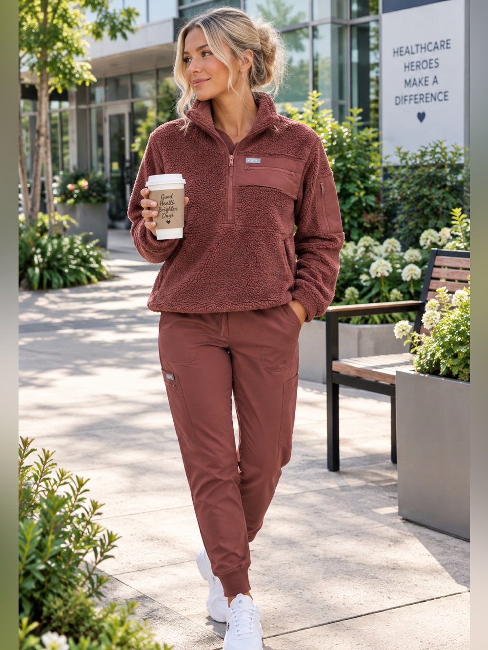 FIGS High-Pile Fleece Pullover Sherpa Walnut Size Small